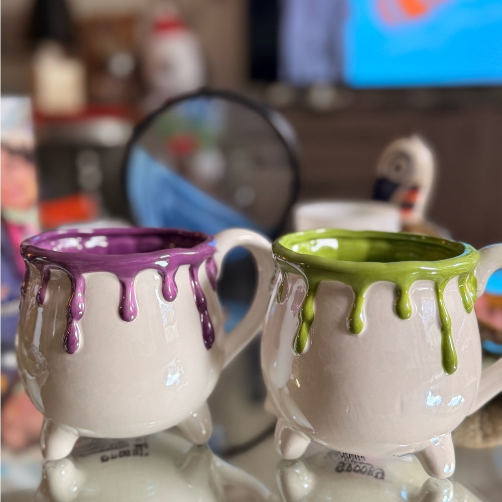 Spooky Hollow Cauldron Mug Set | Purple & Green Drip Witches Brew Cups | decor